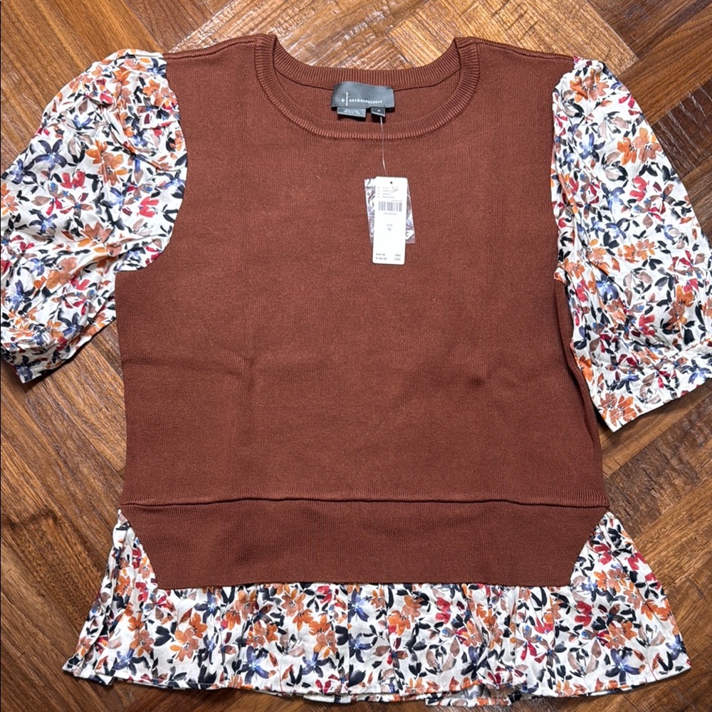 Anthropologie Layered Brown Top with Floral Sleeves NWT